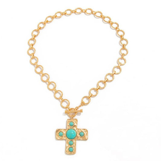 Hammered Turquoise Cross Necklace