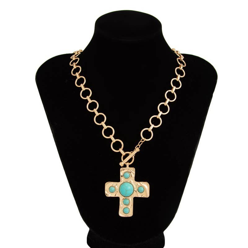 Hammered Turquoise Cross Necklace