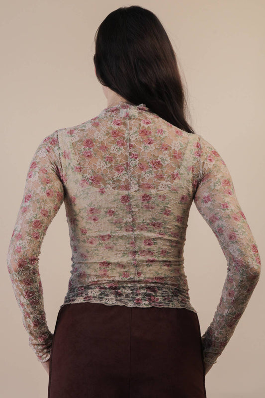 Beige Floral Mesh Lace Top
