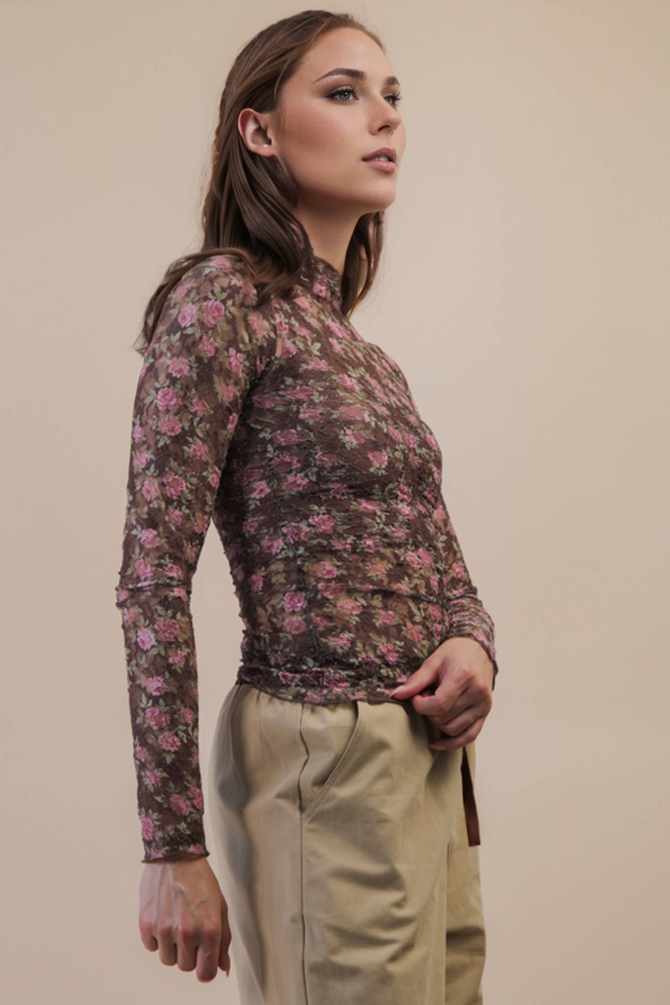 Chocolate Floral Mesh Lace Top