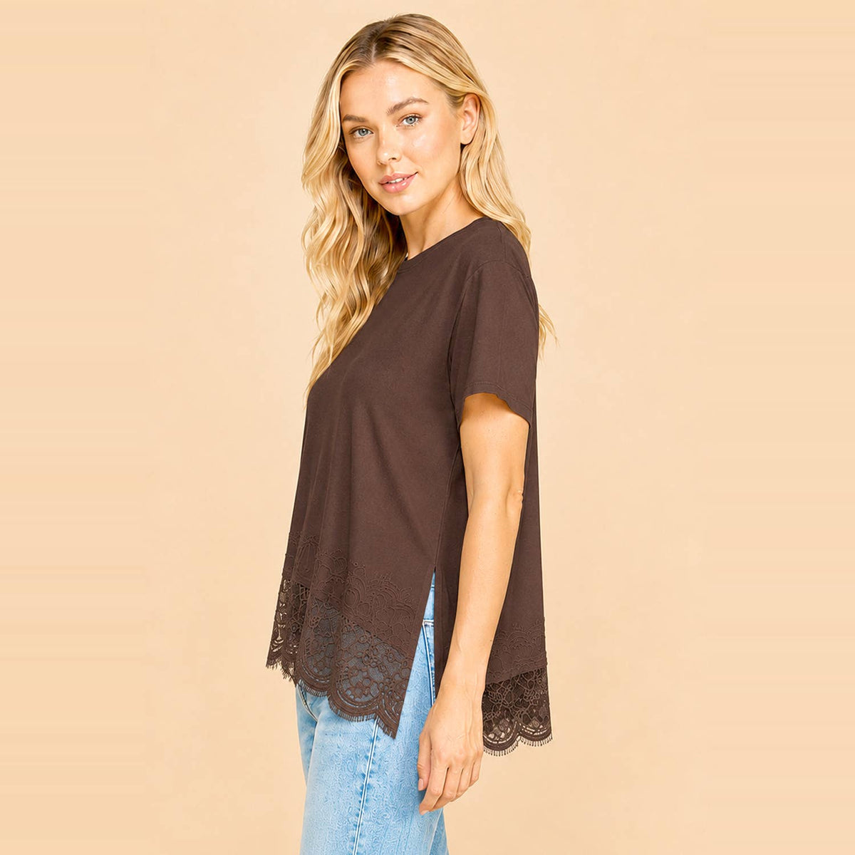 Lace Trim Top- Brown