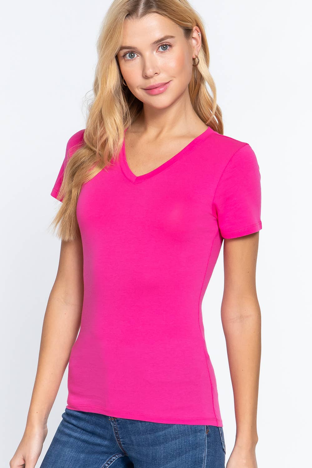 Cotton Jersey V-Neck Top- Fuchsia