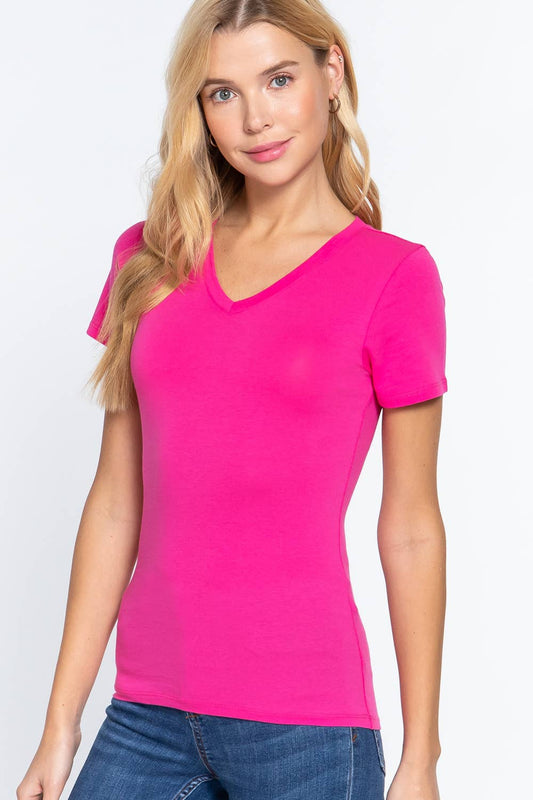 Cotton Jersey V-Neck Top- Fuchsia