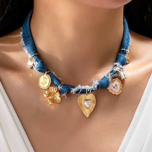 Denim Charm Scarf Necklace