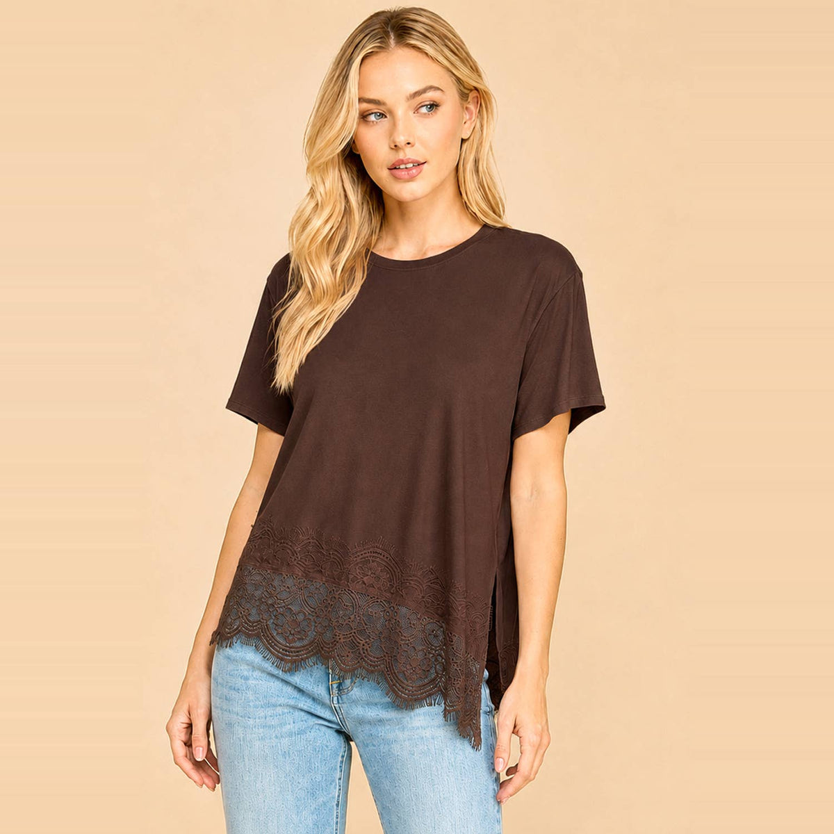 Lace Trim Top- Brown