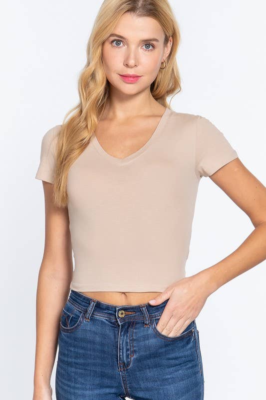 Cotton Jersey V-Neck Crop Top- Taupe