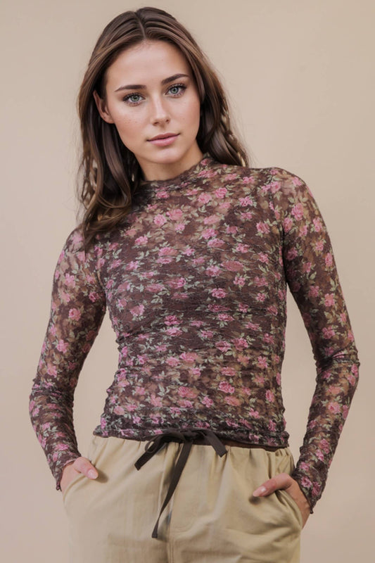 Chocolate Floral Mesh Lace Top