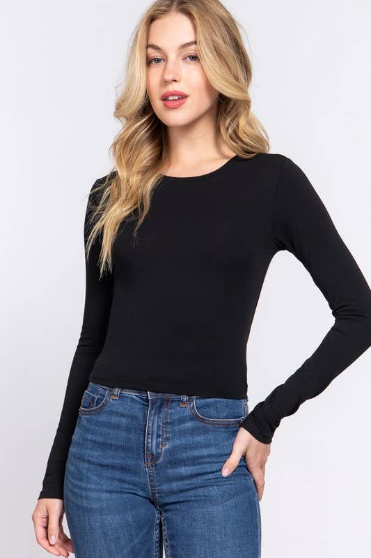 Long Sleeve Cotton Cropped Top- Black