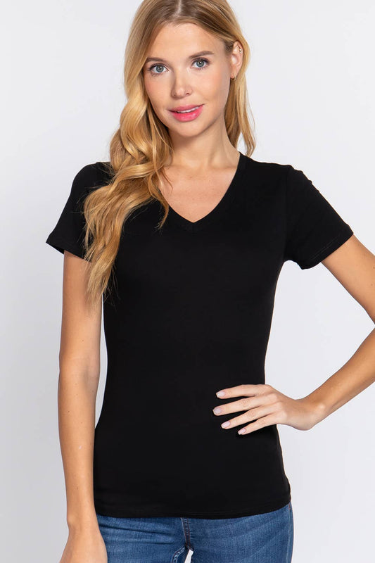 Cotton Jersey V-Neck Top- Black