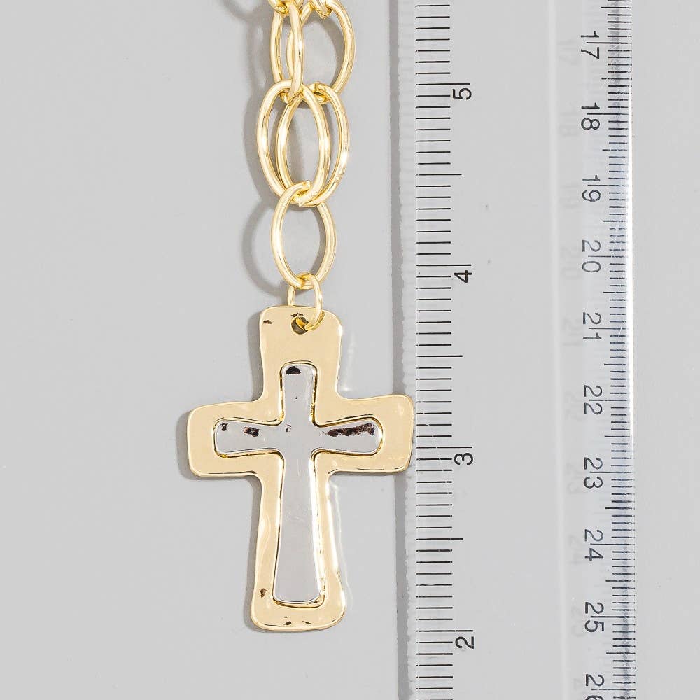 Two Toned Hammered Cross Necklace