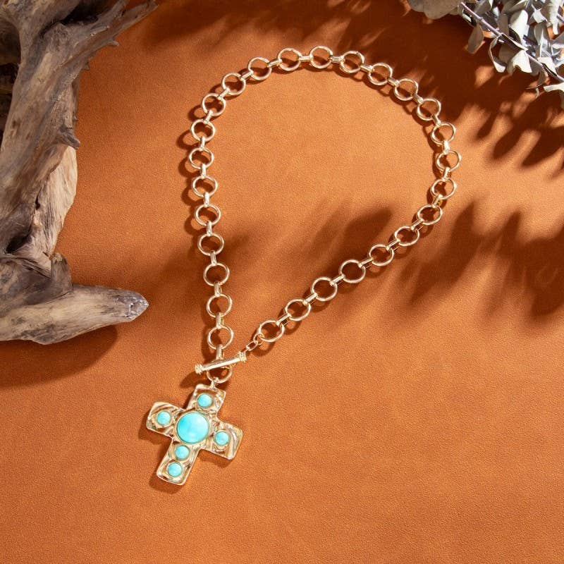 Hammered Turquoise Cross Necklace