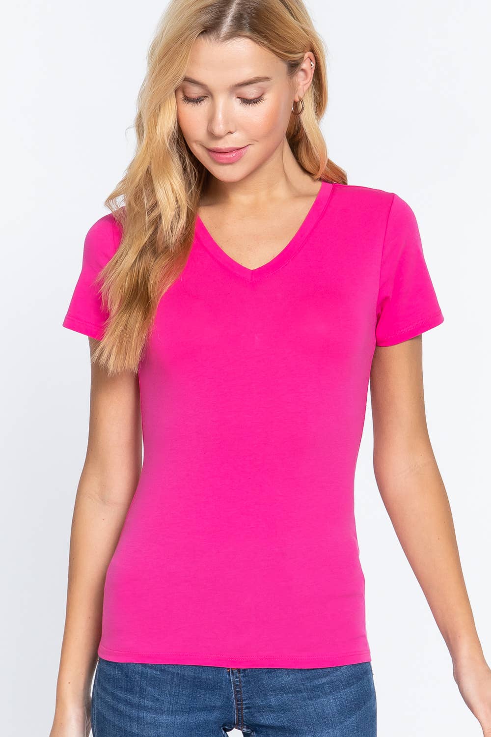 Cotton Jersey V-Neck Top- Fuchsia