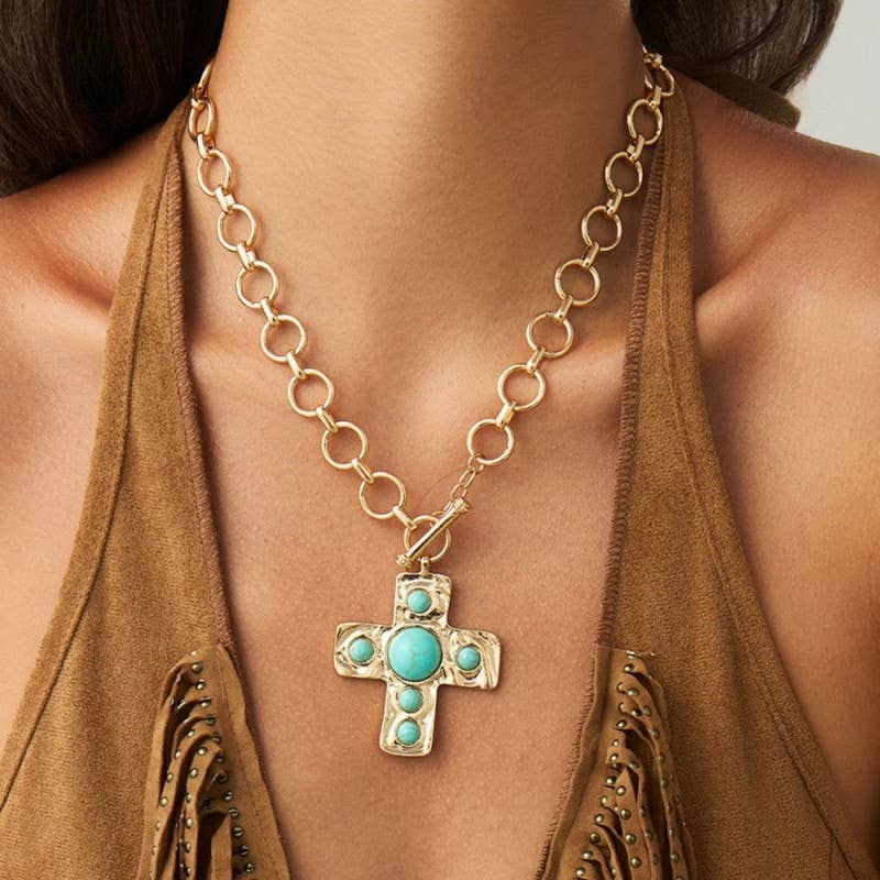 Hammered Turquoise Cross Necklace