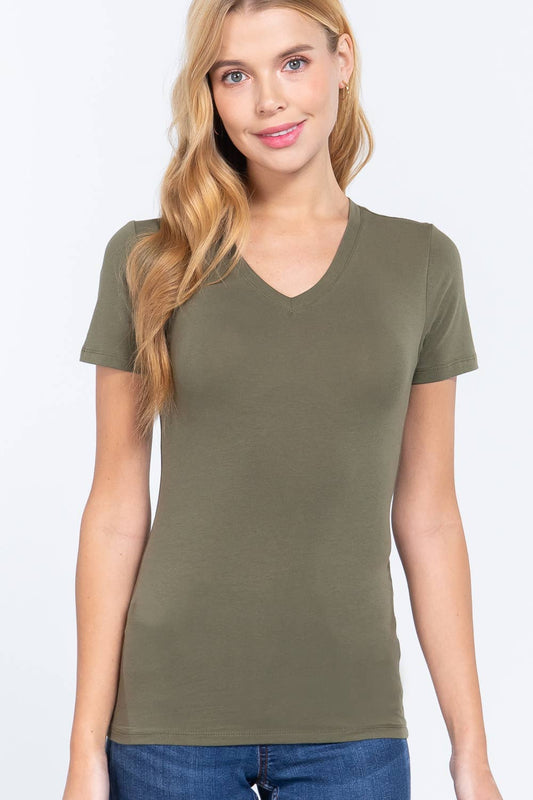 Cotton Jersey V-Neck Top- Olive Green