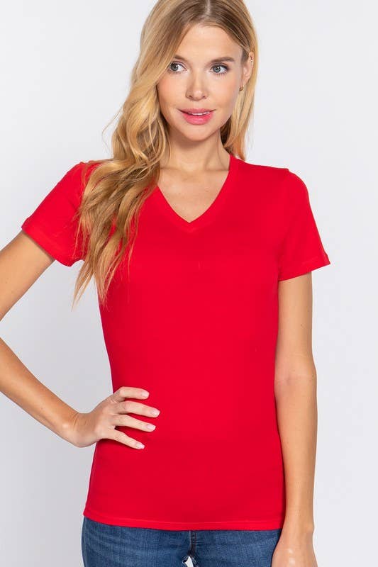 Cotton Jersey V-Neck Top- Red
