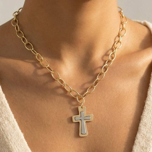Two Toned Hammered Cross Necklace