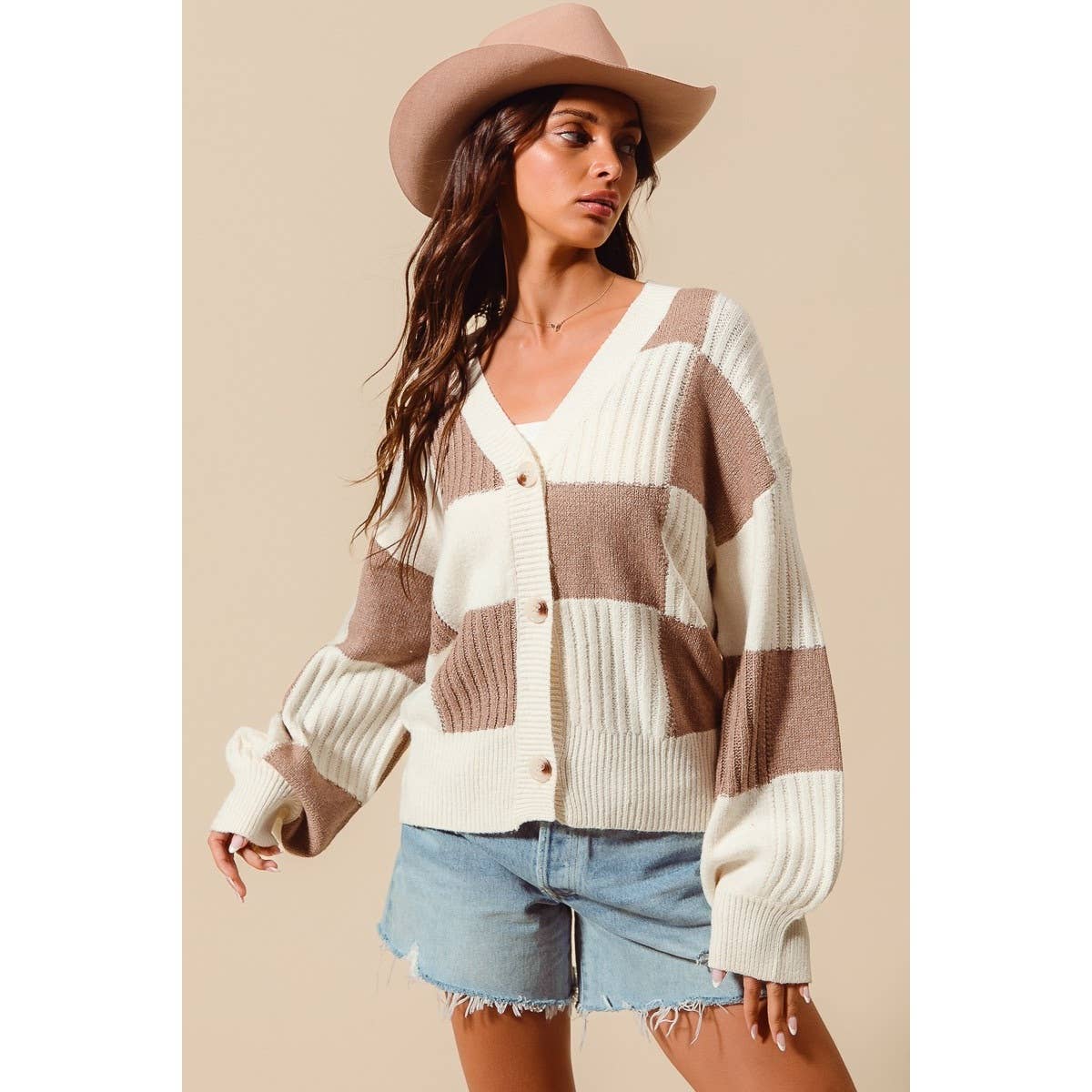 Checkered Cardigan- Tan
