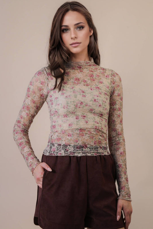 Beige Floral Mesh Lace Top