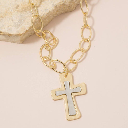 Two Toned Hammered Cross Necklace