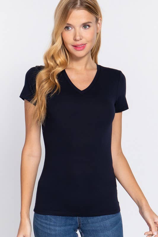 Cotton Jersey V-Neck Top- Black
