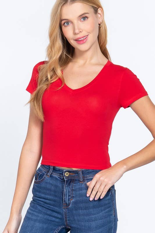 Cotton Jersey V-Neck Crop Top- Red