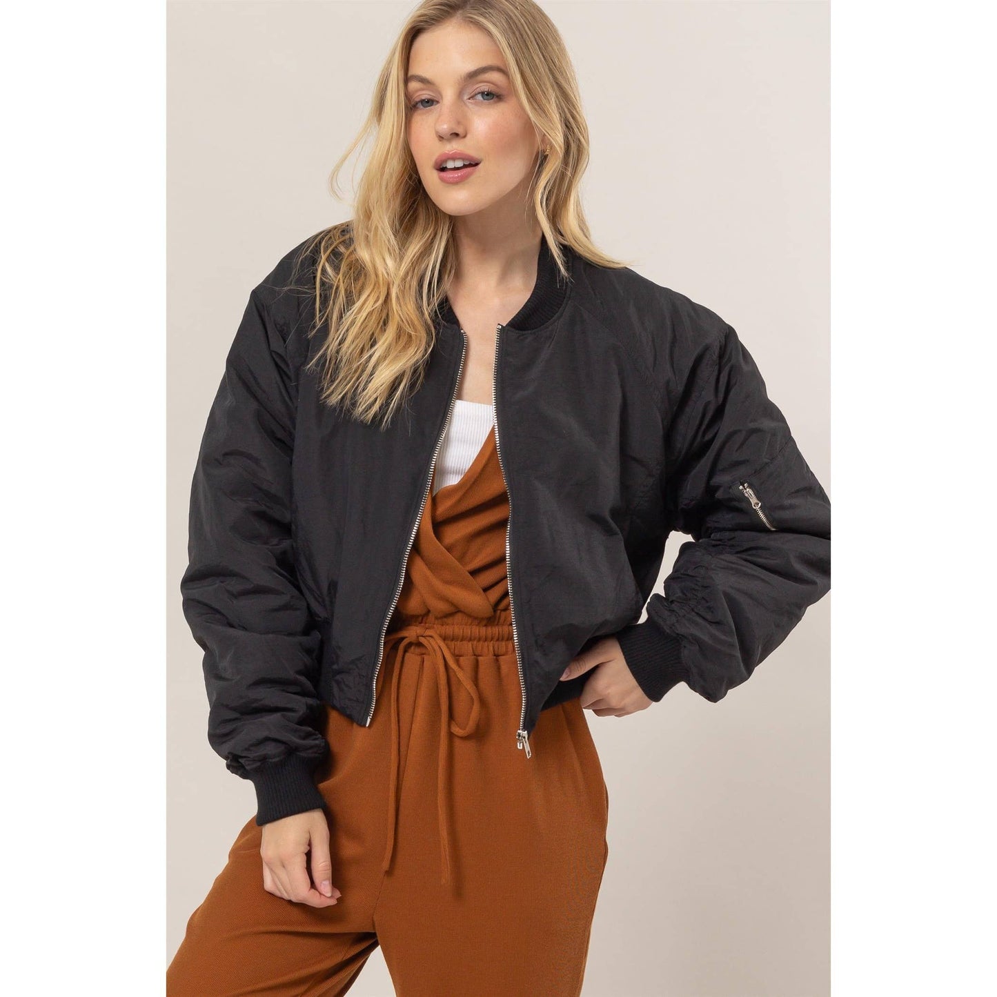 Ruched Bomber Puffer Jacket