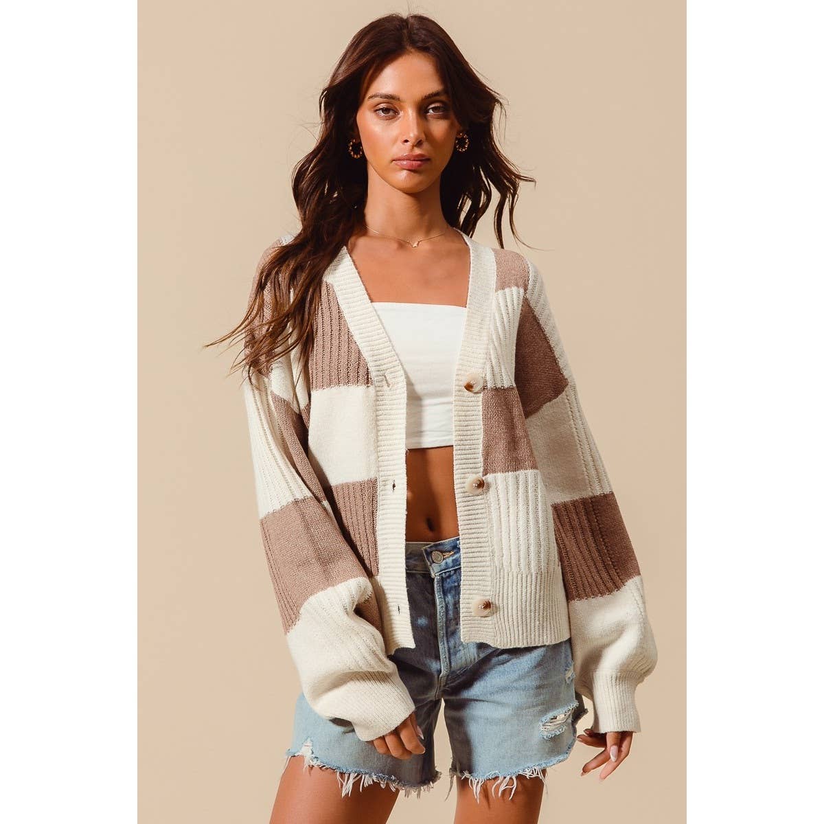 Checkered Cardigan- Tan