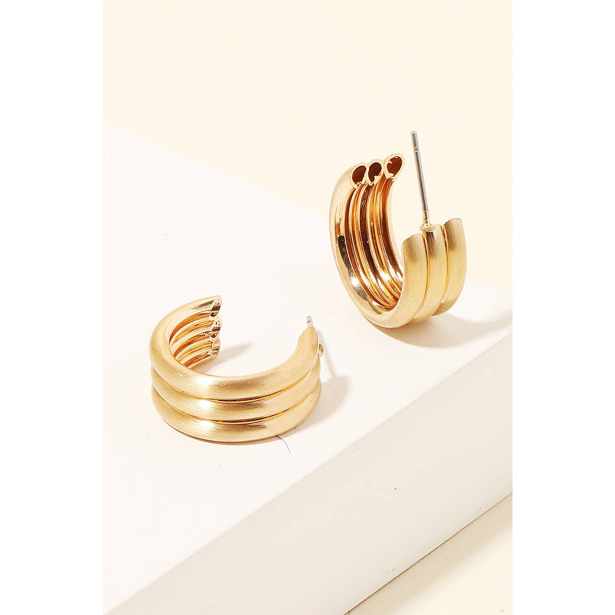Triple Stacked Brushed Metallic Hoop Earrings