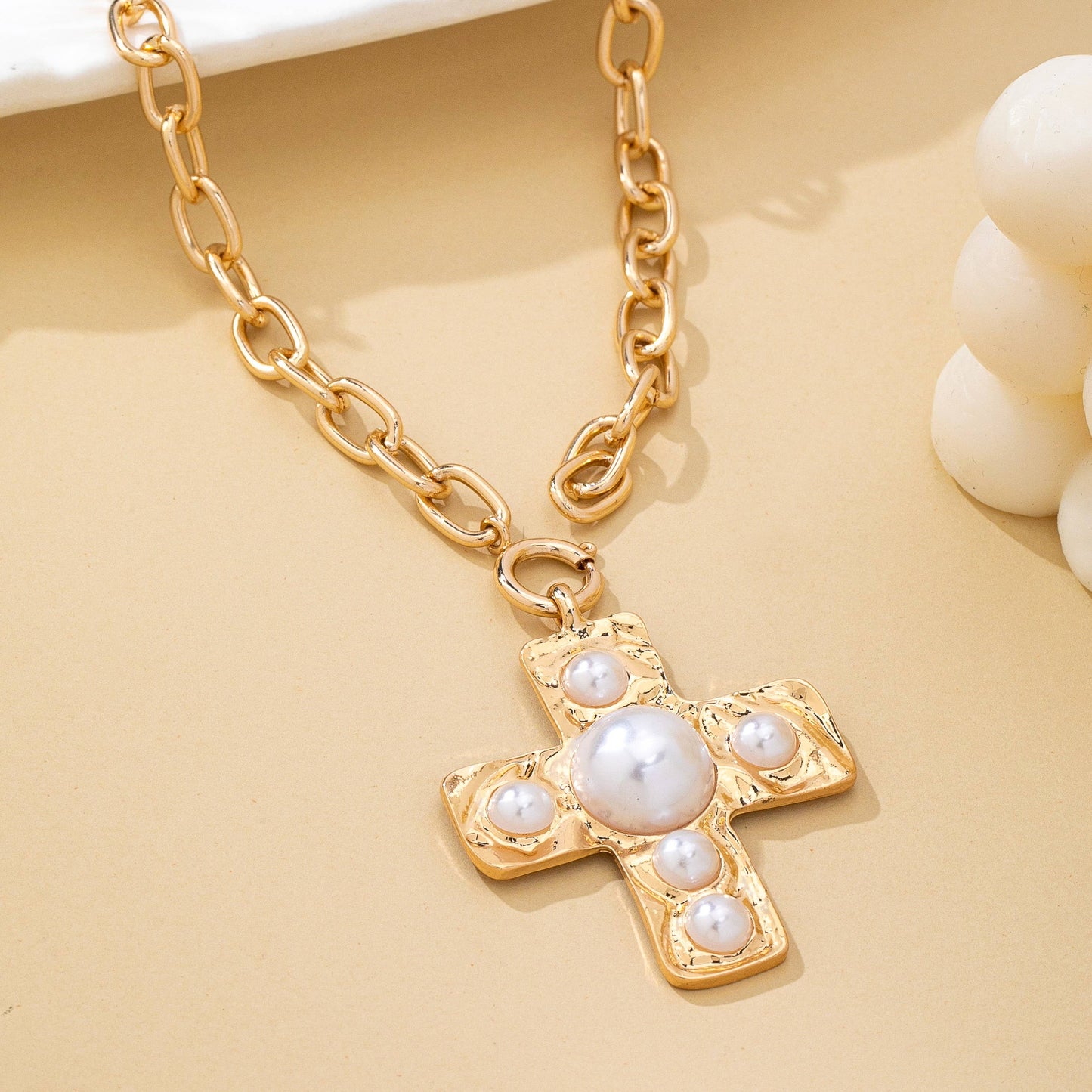 Hammered Cross Pearl Necklace