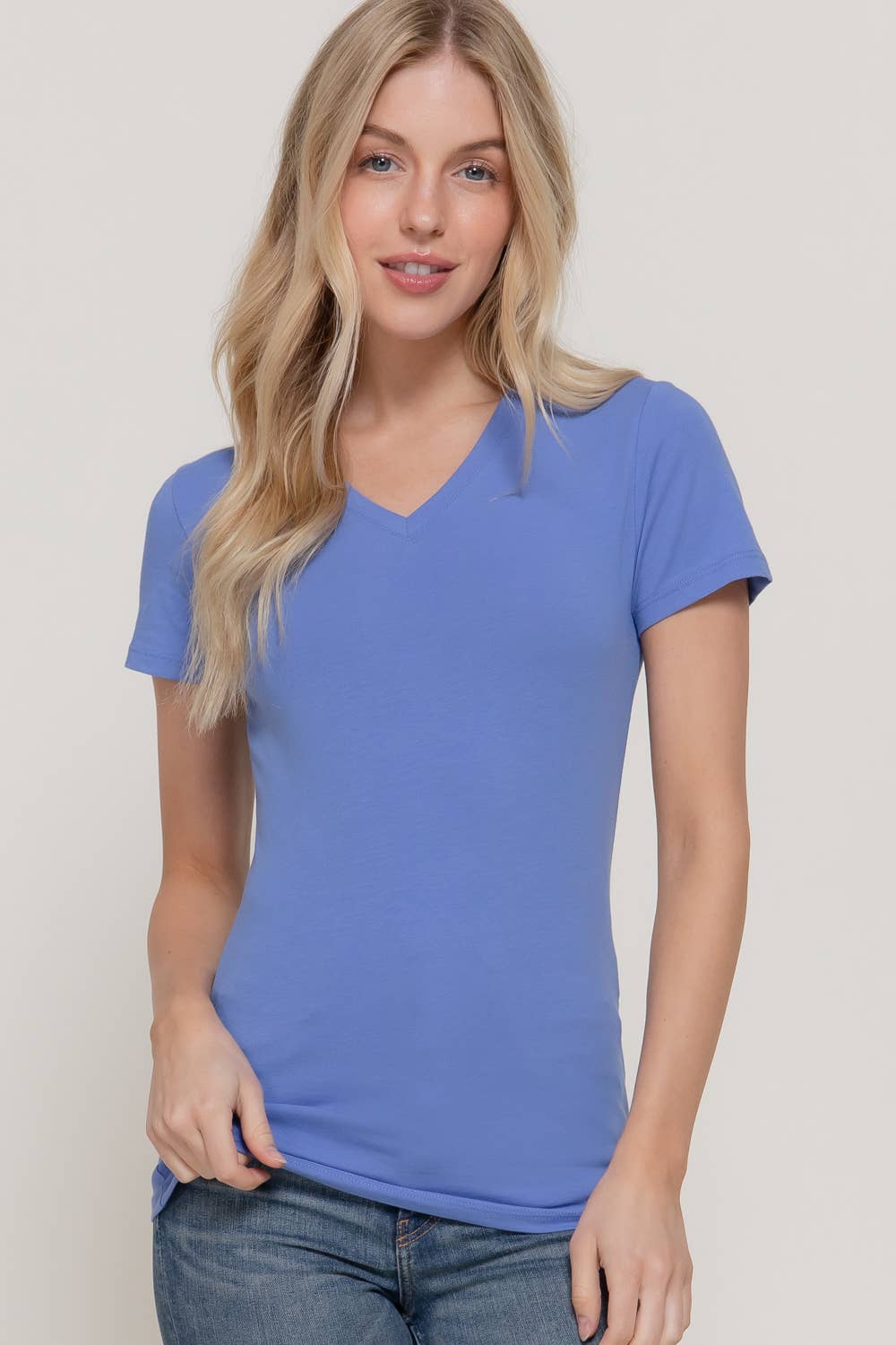 Cotton Jersey V-Neck Top- Blue