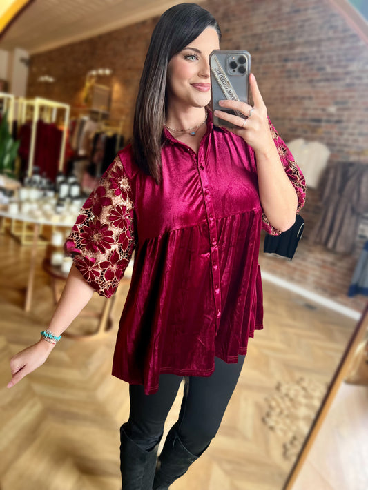 Floral Velvet Holiday Tunic | Wine