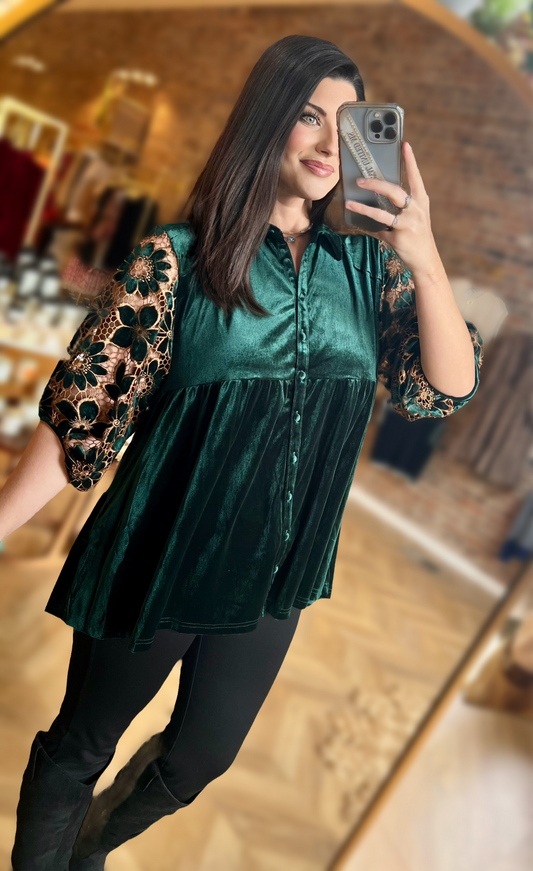 Floral Velvet Holiday Tunic | Green