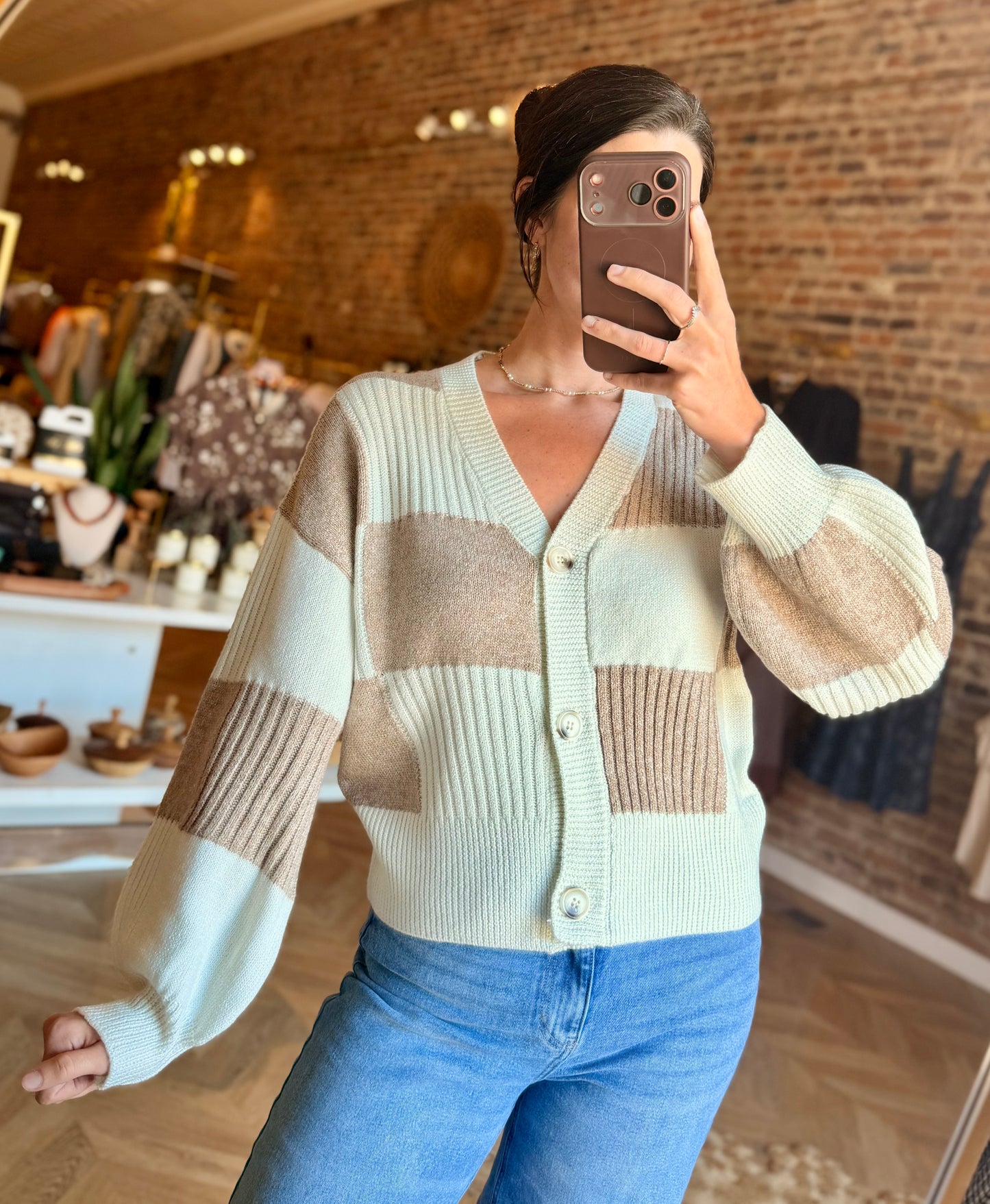 Checkered Cardigan- Tan