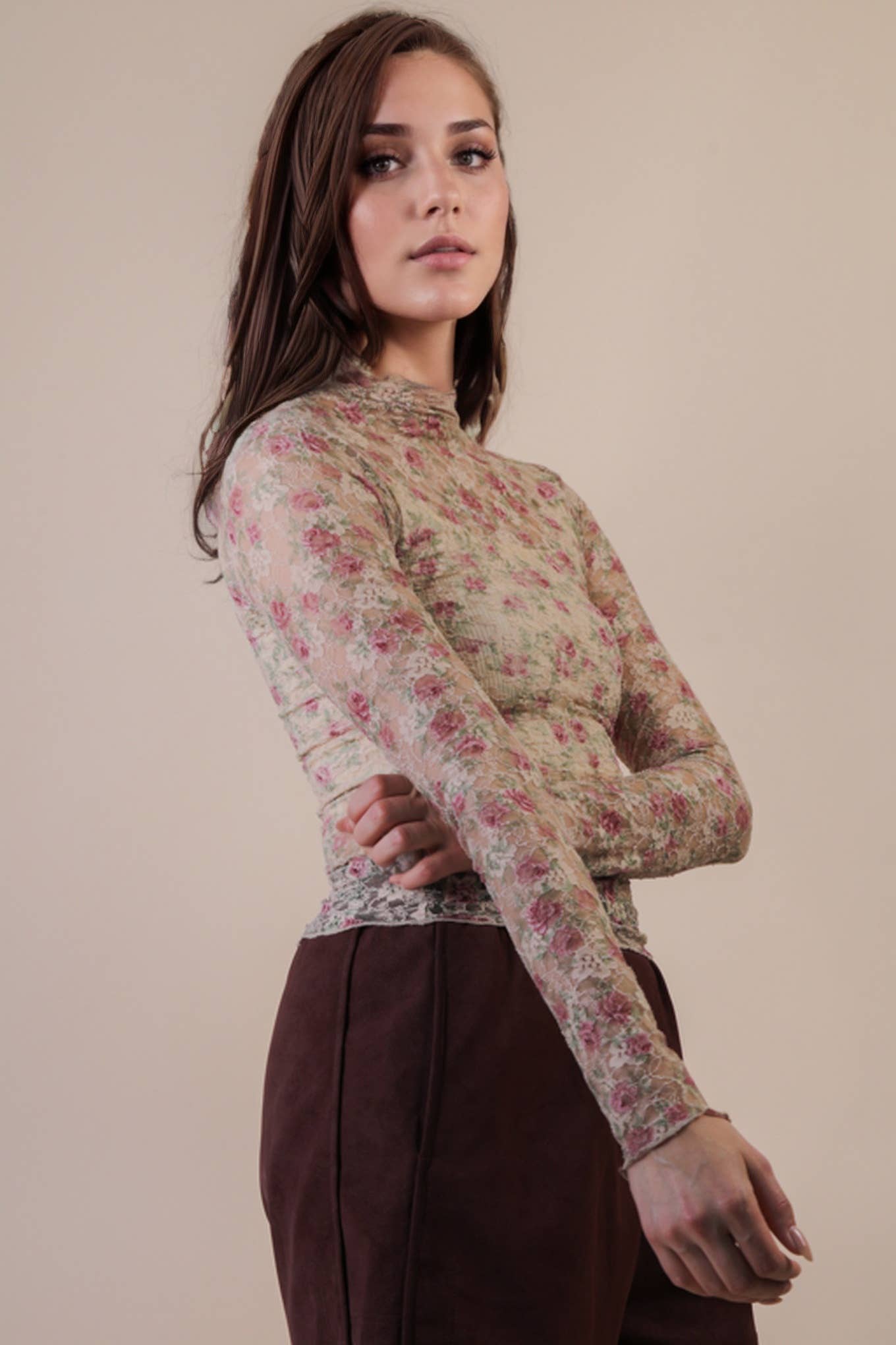 Beige Floral Mesh Lace Top