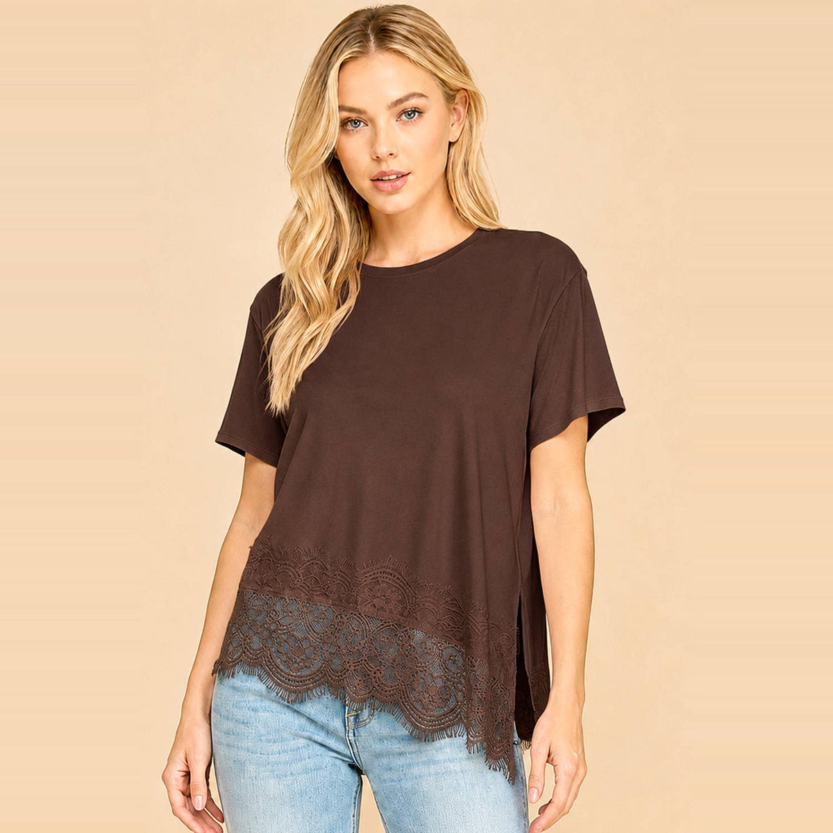 Lace Trim Top- Brown