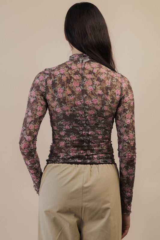 Chocolate Floral Mesh Lace Top