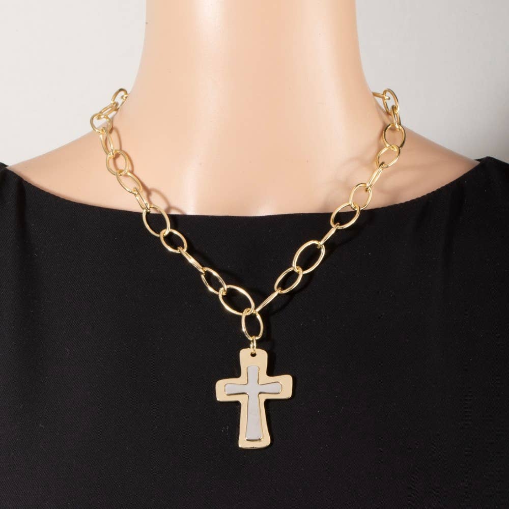 Two Toned Hammered Cross Necklace