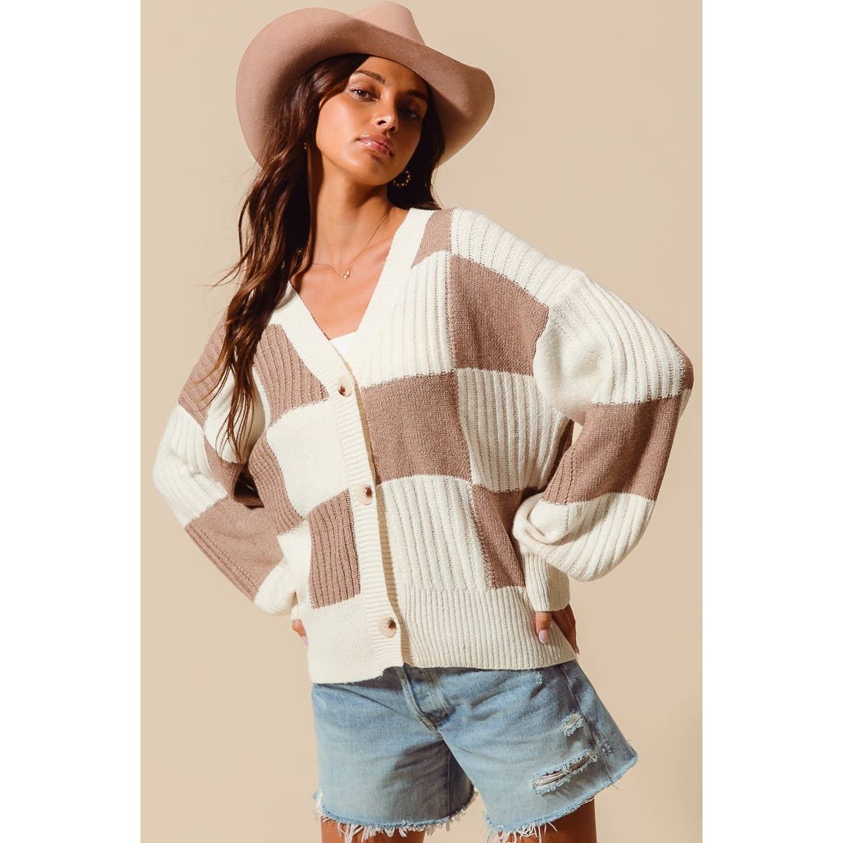 Checkered Cardigan- Tan
