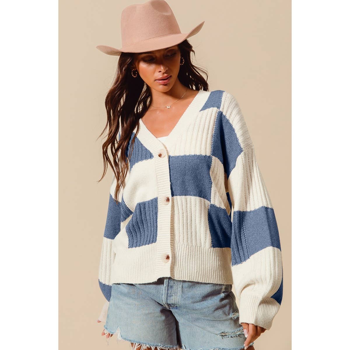 Checkered Cardigan- Blue