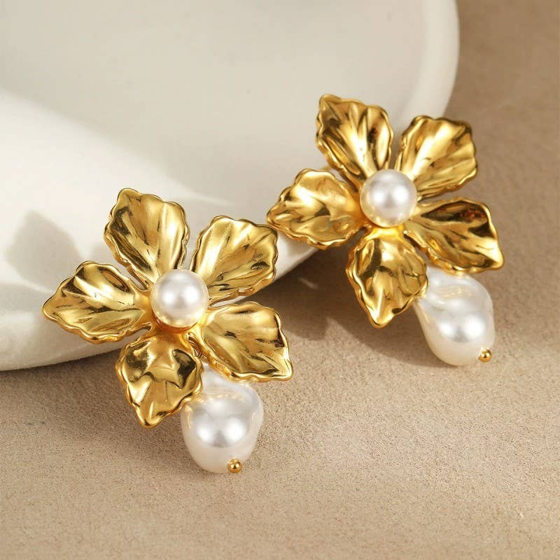 Pearly Flower Earrings- 18K Gold Dipped