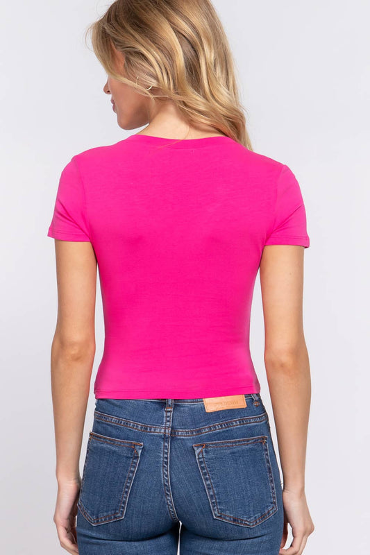 Cotton Jersey V-Neck Crop Top- Fuchsia